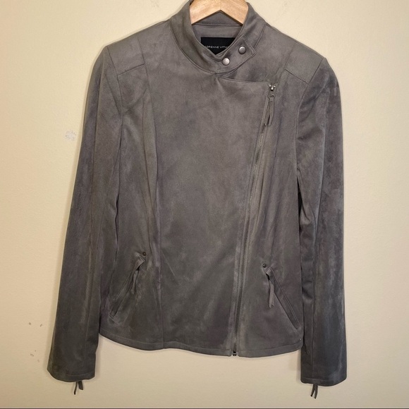 Adrienne Vittadini Grey Faux Suede Moto Jacket - Picture 1 of 7